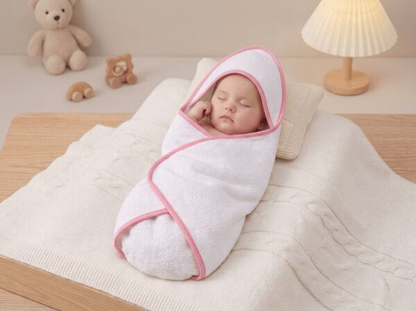 Ręcznik kąpielowy dziecięcy z kapturem BABY 75x75 cm, biały/różowy