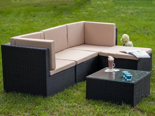 Meble ogrodowe z technorattanu (3-osobowa sofa, pufa, stolik) TINTO czarny