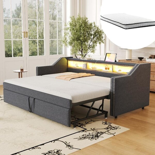 Rozkładana sofa 90x190 cm, po rozłożeniu 180x190 cm, tapicerowana sofa w ciemnoszarym kolorze z podświetleniem LED, portem USB, trzema schowkami, stelażem i dwoma materacami sprężynowymi