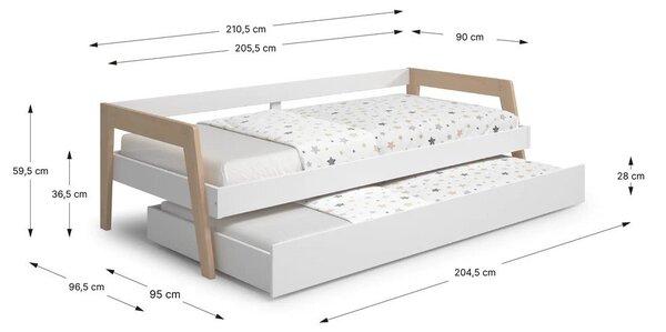 Białe łóżko dziecięce z litego drewna sosnowego z wysuwanym łóżkiem ze schowkiem i stelażem 90x200 cm Carrie – Marckeric