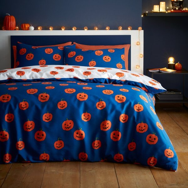 Niebiesko-pomarańczowa pościel jednoosobowa 135x200 cm Halloween Pumpkins – Catherine Lansfield