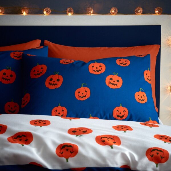 Niebiesko-pomarańczowa pościel jednoosobowa 135x200 cm Halloween Pumpkins – Catherine Lansfield