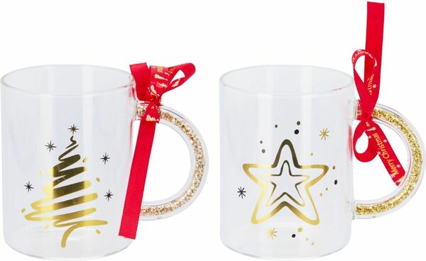 Zestaw 2 świątecznych kubków szklanych Golden Xmas, 300 ml