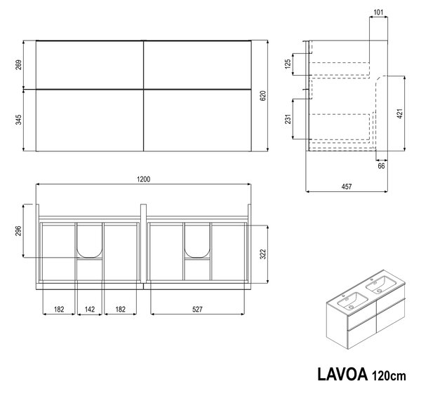 Szafka podumywalkowa LAVOA 120 cm z podwójną umywalką - różne kolory