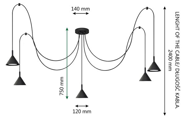 Lampa wisząca pająk ETNA long W-KMD 1920/5 BK-B