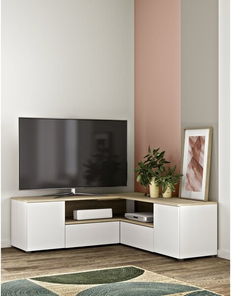 Biała szafka pod TV w dekorze dębu 130x46 cm Angle – TemaHome