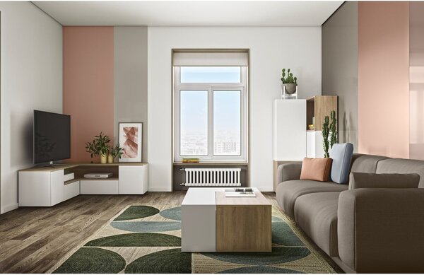 Biała szafka pod TV w dekorze dębu 130x46 cm Angle – TemaHome