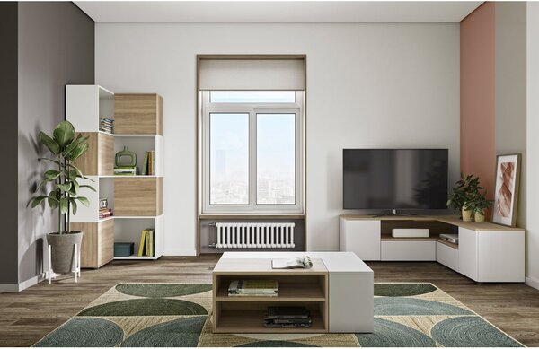 Biała szafka pod TV w dekorze dębu 130x46 cm Angle – TemaHome