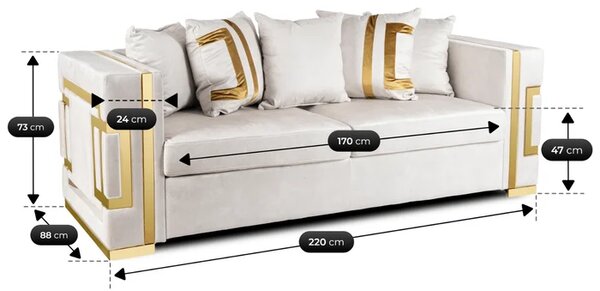 Sofa PALLAZO 3S Trzyosobowa Kremowo/Złota Welurowa Glamour