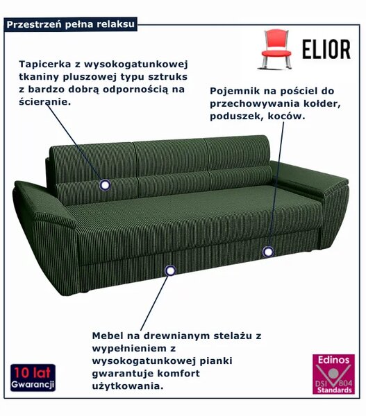 Zielona sztruksowa sofa z funkcją spania N4-C89
