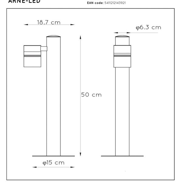 Lucide Słupek oświetleniowy ARNE, czarna, 1-punktowa, wysokość 50 cm, IP44, GU10-LED ARNE, czarny, metal, nowoczesny