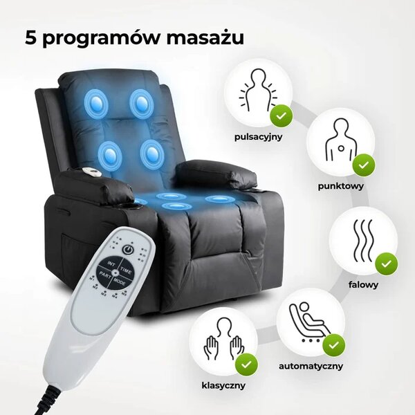 Fotel Masujący BOX Rozkładany Wypoczynkowy z Podnóżkiem Czarny Ekoskóra Loft
