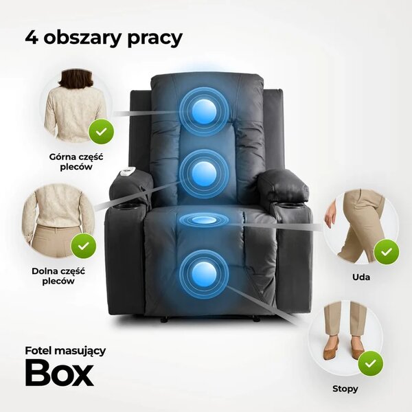 Fotel Masujący BOX Rozkładany Wypoczynkowy z Podnóżkiem Czarny Ekoskóra Loft