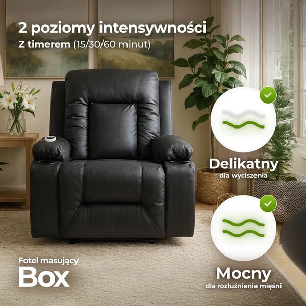 Fotel Masujący BOX Rozkładany Wypoczynkowy z Podnóżkiem Czarny Ekoskóra Loft