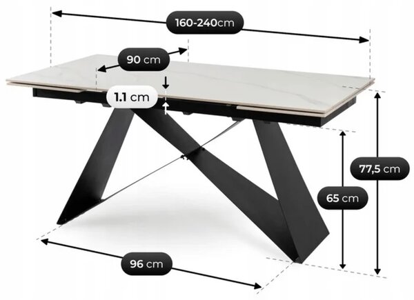 Stół Rozkładany Prostokątny VICTOR 160-240 cm Ceramiczny Biały Marmur/Czarny do Jadalni Loft