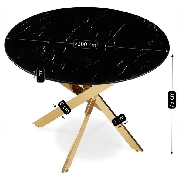 Stół Okrągły Szklany BALI 100 cm Czarny Marmur/Złoty Glamour