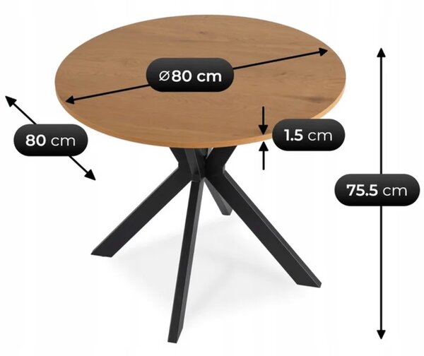 Stół Okrągły LAUREN 80 cm Dąb Złoty/Czarny Loft