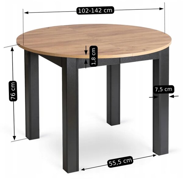 Zestaw Stół Okrągły Rozkładany HARRY 102-142 cm Dąb Craft/Czarny i 6 Krzeseł Tapicerowanych CHRIS Szarych Nowoczesnych