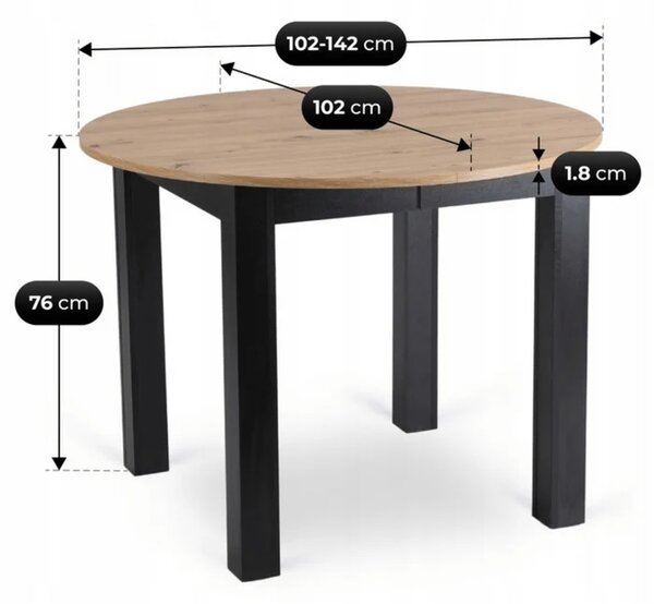 Zestaw Stół Okrągły Rozkładany HARRY 102-142 cm Dąb Artisan/Czarny i 6 Krzeseł Tapicerowanych PERU Beżowych Nowoczesnych