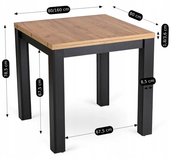 Zestaw Stół Kwadratowy Rozkładany MAX 80-160 cm Dąb Craft/Czarny i 6 Krzeseł Tapicerowanych CHRIS Czarnych Nowoczesnych