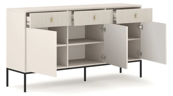 Komoda do Salonu Sypialni MARCOS 154 cm Ryflowana Trzydrzwiowa z Szufladami Kaszmir Glamour