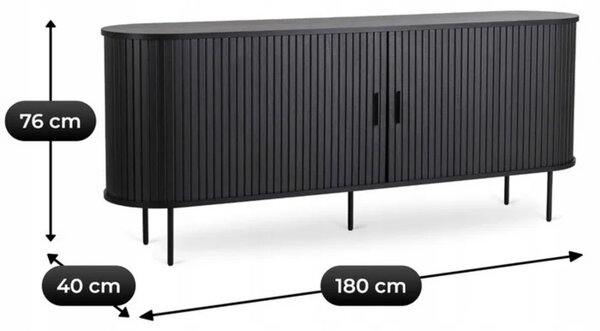 Komoda do Salonu Rozsuwana TRISH 180 cm Czarna Dwudrzwiowa Ryflowana Japandi