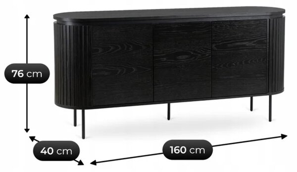 Komoda do Salonu BECK 160 cm Czarna Trzydrzwiowa Ryflowana Nowoczesna