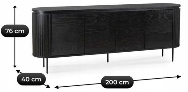 Komoda do Salonu BECK 200 cm Czarna Czterodrzwiowa Ryflowana Nowoczesna