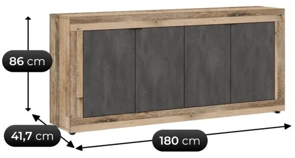 Komoda Czterodrzwiowa BLAGO 180 cm Czarny/Surowy Dąb Loft