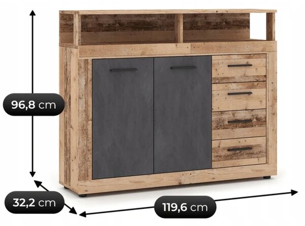 Komoda Dwudrzwiowa z Szufladami BLAGO MIDI A 119,6 cm Surowy Dąb/Czarny Loft