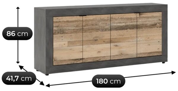 Komoda Czterodrzwiowa BLAGO 180 cm Surowy Dąb/Czarny Loft