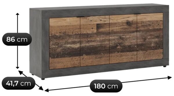 Komoda Czterodrzwiowa BLAGO 180 cm Ciemny Dąb/Czarny Loft