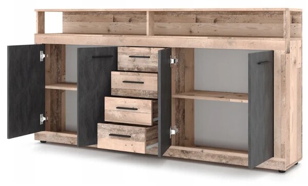 Komoda Czterodrzwiowa BLAGO 190 cm Surowy Dąb/Czarny Loft