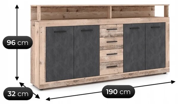 Komoda Czterodrzwiowa BLAGO 190 cm Surowy Dąb/Czarny Loft