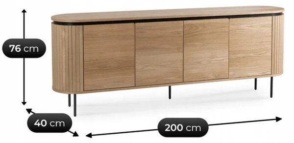 Komoda do Salonu BECK 200 cm Dąb Czterodrzwiowa Ryflowana Skandynawska