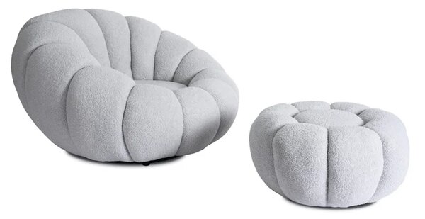 Fotel Wypoczynkowy Obrotowy PETTIT Szary z Pufą w Tkaninie Teddy Boucle