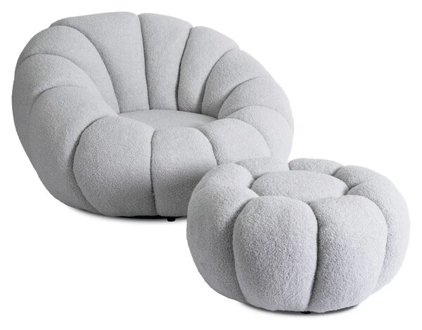 Fotel Wypoczynkowy Obrotowy PETTIT Szary z Pufą w Tkaninie Teddy Boucle