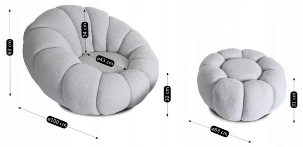 Fotel Wypoczynkowy Obrotowy PETTIT Szary z Pufą w Tkaninie Teddy Boucle