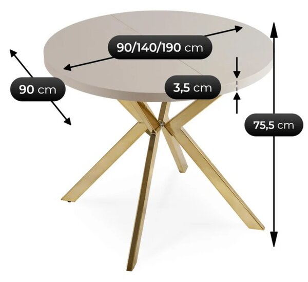 Stół Okrągły Rozkładany LUGO 90-190 cm Kaszmir/Złoty Glamour