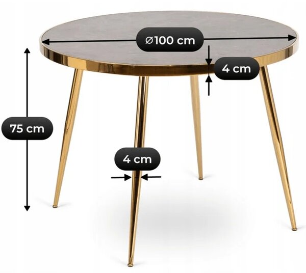 Stół Okrągły TINGA 100 cm Szary Marmur/Złoty Glamour
