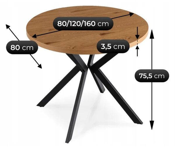 Stół Okrągły Rozkładany DORIAN 80-160 cm Dąb Złoty/Czarny Loft