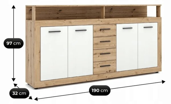 Komoda Czterodrzwiowa z Szufladami BLAGO 190 cm Dąb Artisan/Biały Nowoczesna