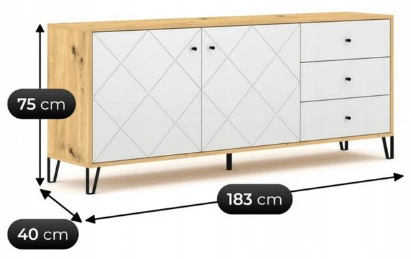 Komoda Dwudrzwiowa z Szufladami BACARDI 183 cm Dąb Artisan/Biały Skandynawska