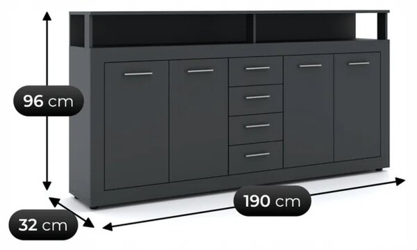Komoda Czterodrzwiowa z Szufladami BLAGO 190 cm Antracyt Nowoczesna