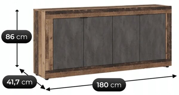 Komoda Czterodrzwiowa BLAGO 180 cm Ciemny Dąb/Grafit Loft