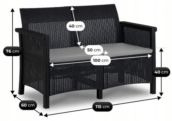 Zestaw Mebli Ogrodowych BRENTA Czarny/Szary 2xFotel Sofa Stolik Tarasowy Technorattan Nowoczesny