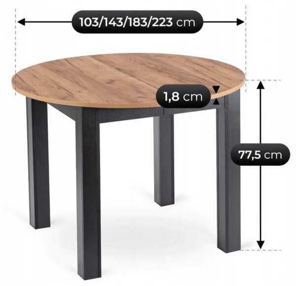 Stół Okrągły Rozkładany JAMES 103-223 cm Dąb Craft/Czarny Loft
