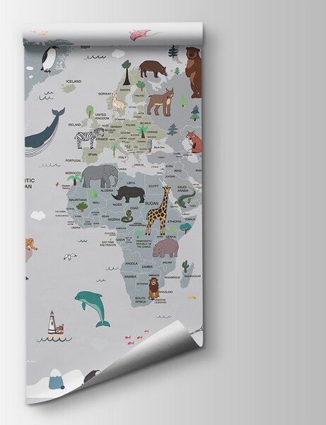 Fototapeta Mapa świata ze zwierzętami, Fototapety Dziecięce, Popularne Fototapety, u95844 - Tapeko.pl