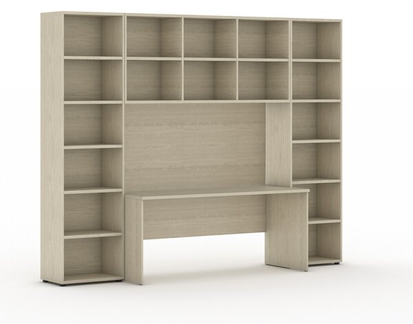Biblioteka INTEGRO z wbudowanym biurkiem, 2950 x 700/400 x 2300 mm, dąb naturalny