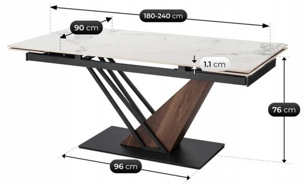 Stół Rozkładany Prostokątny REX 2 180-240 cm Ceramiczny Biały Marmur/Orzech Japandi